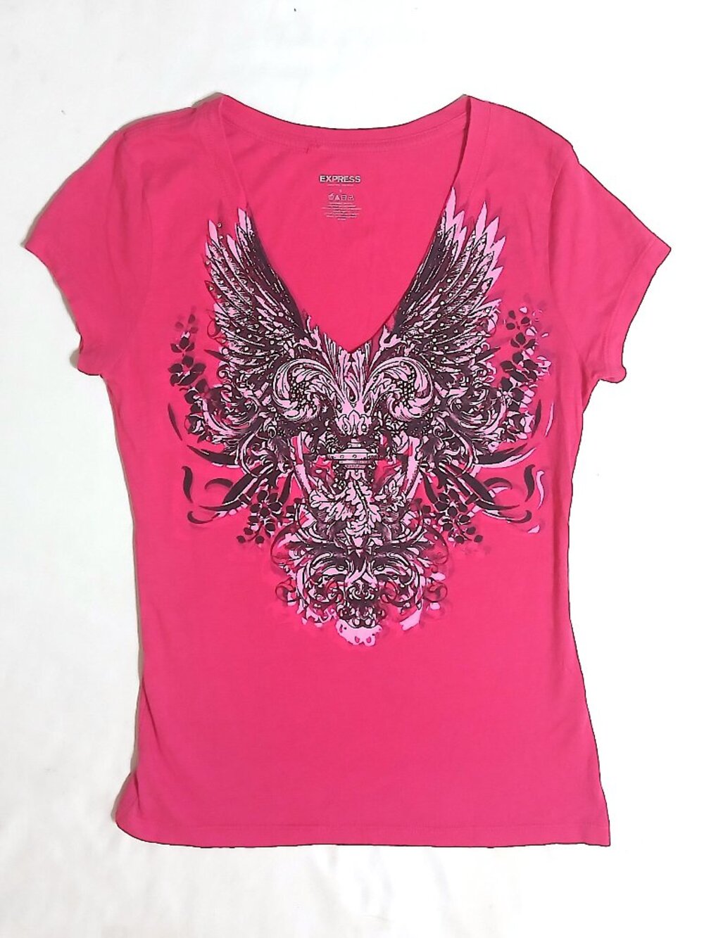 Express S Pink Rhinestone Wing Graphic V-Neck Tee Y2K McBling Tattoo